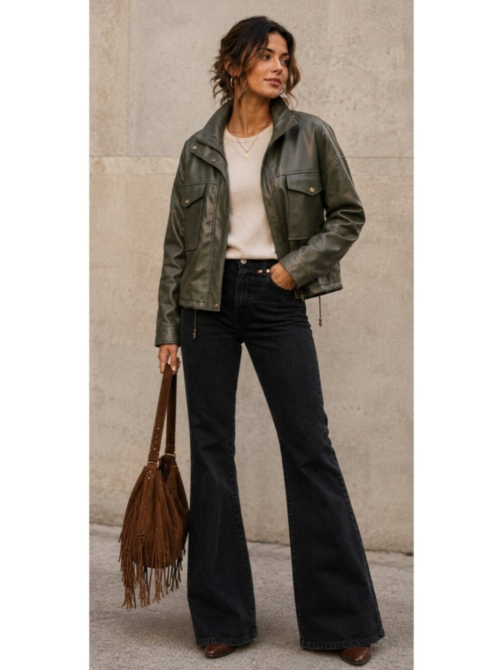 New T Tahari Olive Vegan Faux Leather Boxy Moto Biker Cropped Jacket Sz XL